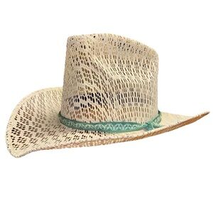Albertson Palm Straw Cowboy Hat With Teal Band Size 6 3/4 USA 54 Mexico